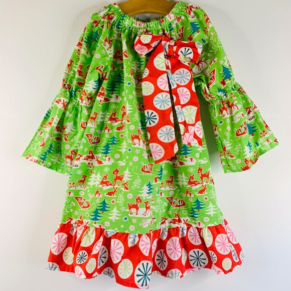 Christmas Holiday red green white reindeer snowflake ruffled bow twirl dress - Picture 1 of 13